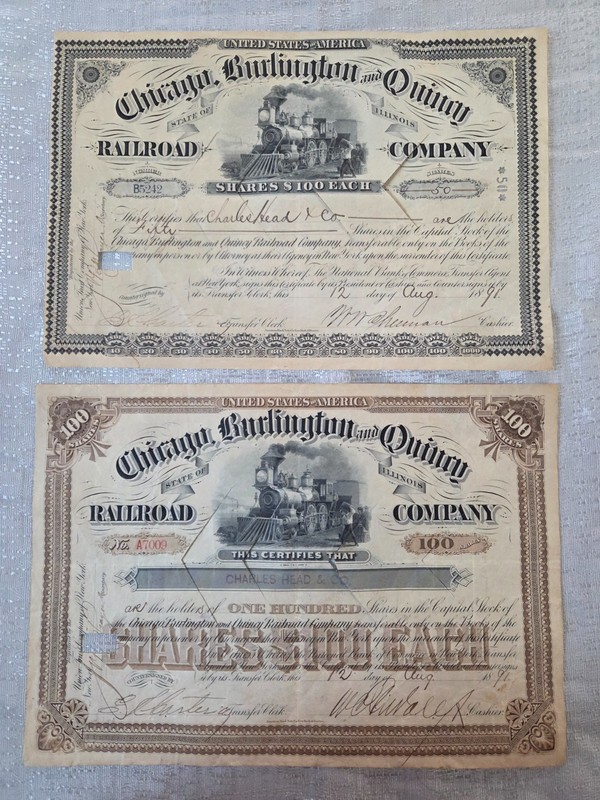 1891 Chicago Burlington and Quincy Railroad Company Stock Certificates