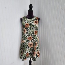 AK Ann Klein Women's Sleeveless Linen Blend Dress Green Brown Tropical Floral S