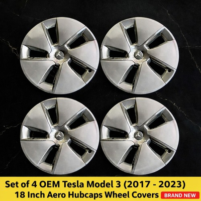 #ad SET OF 4 TESLA MODEL 3 HUBCAPS 18” 2017 2023 OEM BRAND NEW $94.99