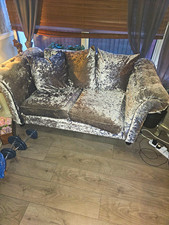 Grey Crushed Velvet 2-Seater Sofa, Rolled Arms, Art Deco, Black Frame