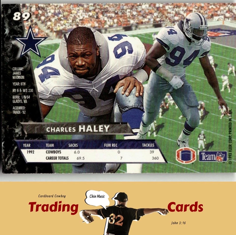 1993 Ultra #89 Charles Haley Dallas Cowboys Football Card EX - Image 2 of 2