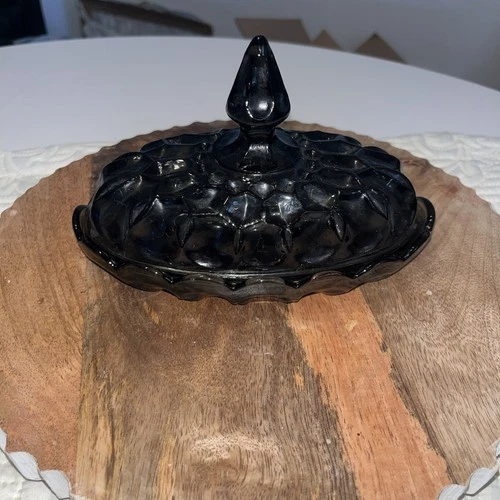 Vintage Anchor Hocking Black Amethyst Covered Butter Dish Fairfield Pattern 1977