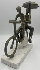 Brass Sculpture on Marble Base: Bicyclist Carries Lady Rider w/ Parasol Umbrella