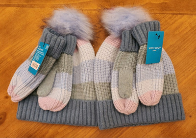 West Loop Kids Girls Winter Matching Hat & Gloves Set of 2 Striped NWT