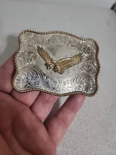 Hand Made Hand Engraved Flying Eagle Gold & Silver Plated Belt Buckle By ADM