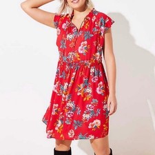 LOFT Red Floral Tie Neck Flutter Sleeve Dress Cinched Smocked Waist Small