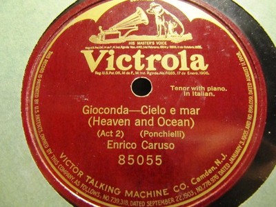 1st VICTOR Rec' 1905 ENRICO CARUSO w piano GIOCONDA Cielo e Mar VICTOR 85055