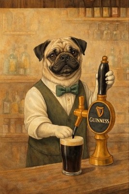Pug Bartender Guinness Art Print Poster Vintage 12x8in Metal Sign Poster Irish
