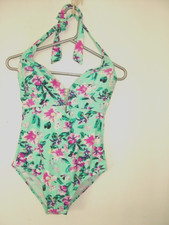 Turquoise Pink Swimsuit swimming costume 10 B.You halterneck, lined front, flora