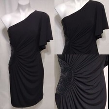 London Times One Shoulder Black Cocktail Dress US 10 Sequin Ruched Formal Party
