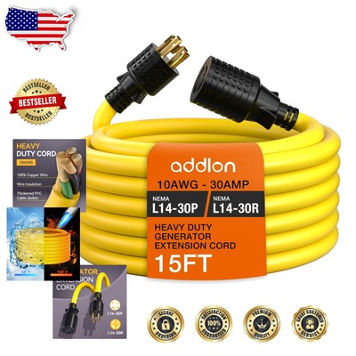 Powerful 15FT 30 Amp Generator Extension Cord - ETL Listed, Yellow, Waterproof