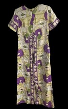 VTG AT HOME WEAR FOR VAN RAULTS LONG EVENING GUEST GOWN GREEN PURPLE WHITE 1960s