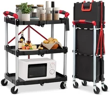 Folding Utility Cart 3-Tier Rolling Tool Cart with Lockable Wheels Service Cart