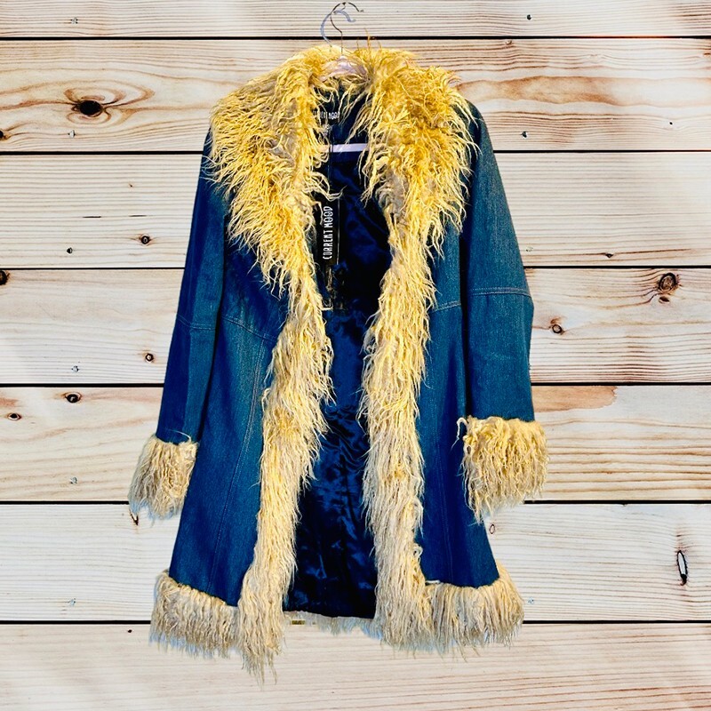 💙🤍 Afghan Penny Lane Daisy Jones Faux Fur Denim Coat Boho | eBay