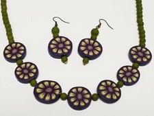 Long Green & Purple Polymer Clay Fruit Necklace & Earrings SET Made in Greece
