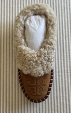 Tory Burch Shearling Slipper Suede Toasted Caramel Buttermilk Sz 7.5 w/ Dustbag