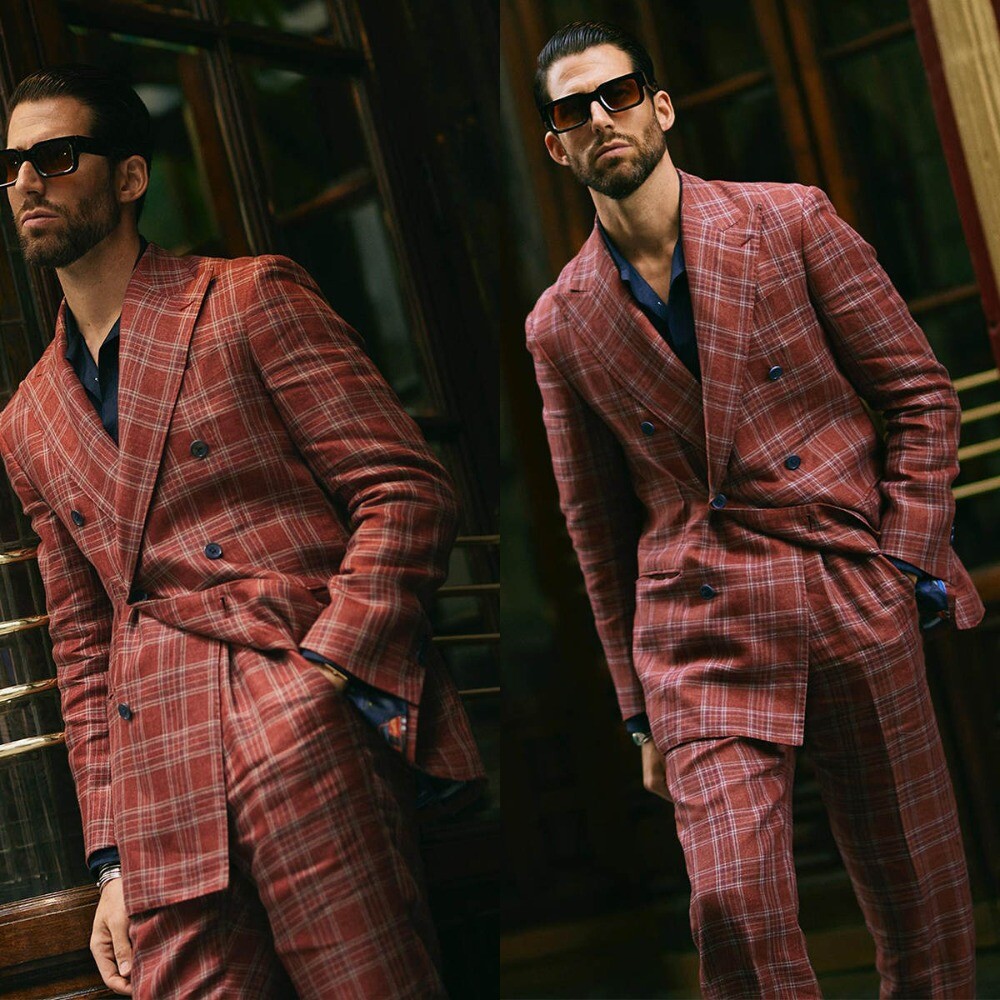 Men's Fashion Red Plaid Suit 2 Piece Double-Breasted Business Wedding Custom