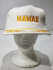 VTG 80s HAWAII White Yellow Embroidered Snapback Mesh Hat Cap w/ Gold Leaves