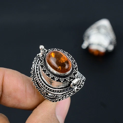 Blatic Amber Gemstone Handmade 925 Sterling Silver Poison Ring Gift Size 9 N084