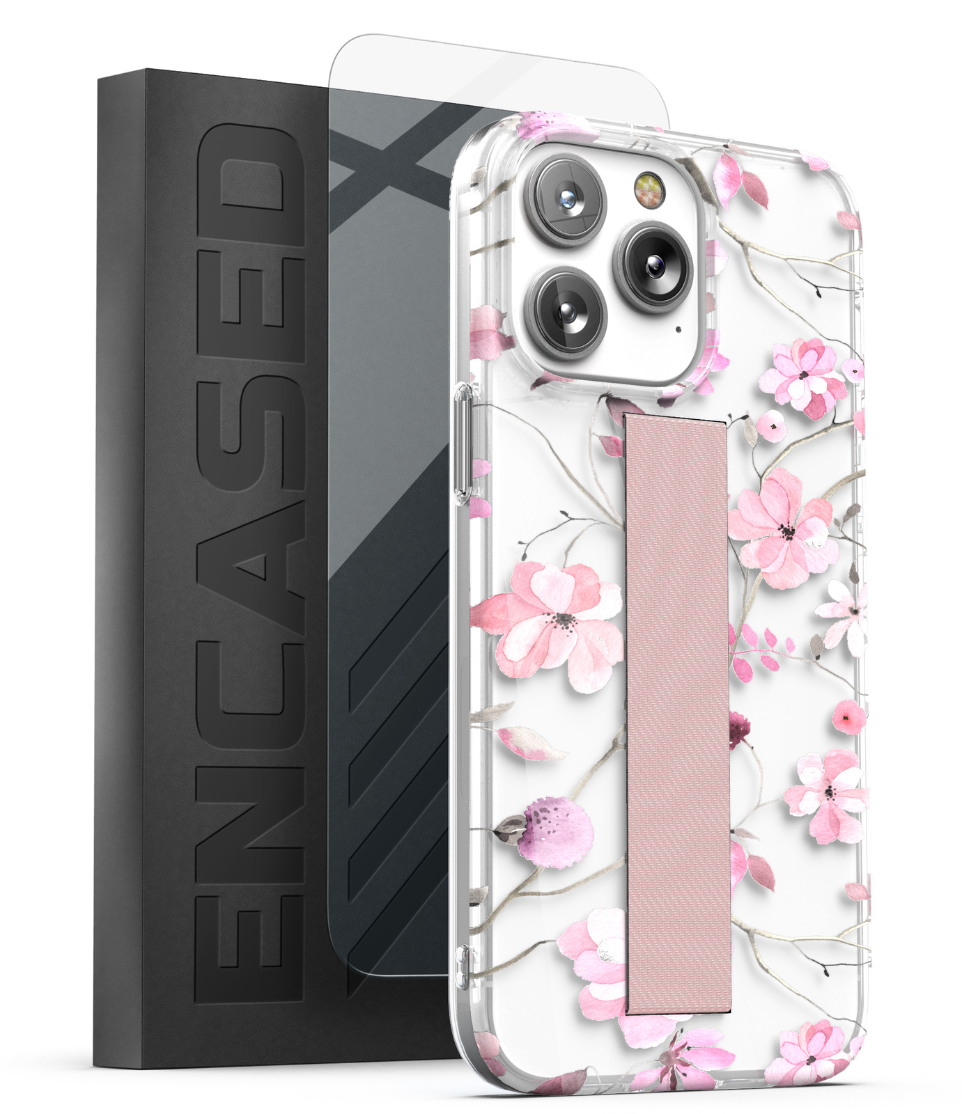 iPhone 14 Pro Max Clear Pink Flower Case with Hand Strap Loop  