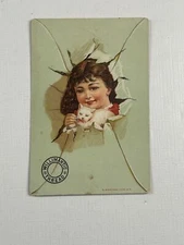 Victorian Trade Card Willimantic Girl Holding White Cat 
