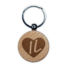 IL Illinois State in Heart Engraved Wood Round Keychain Tag Charm