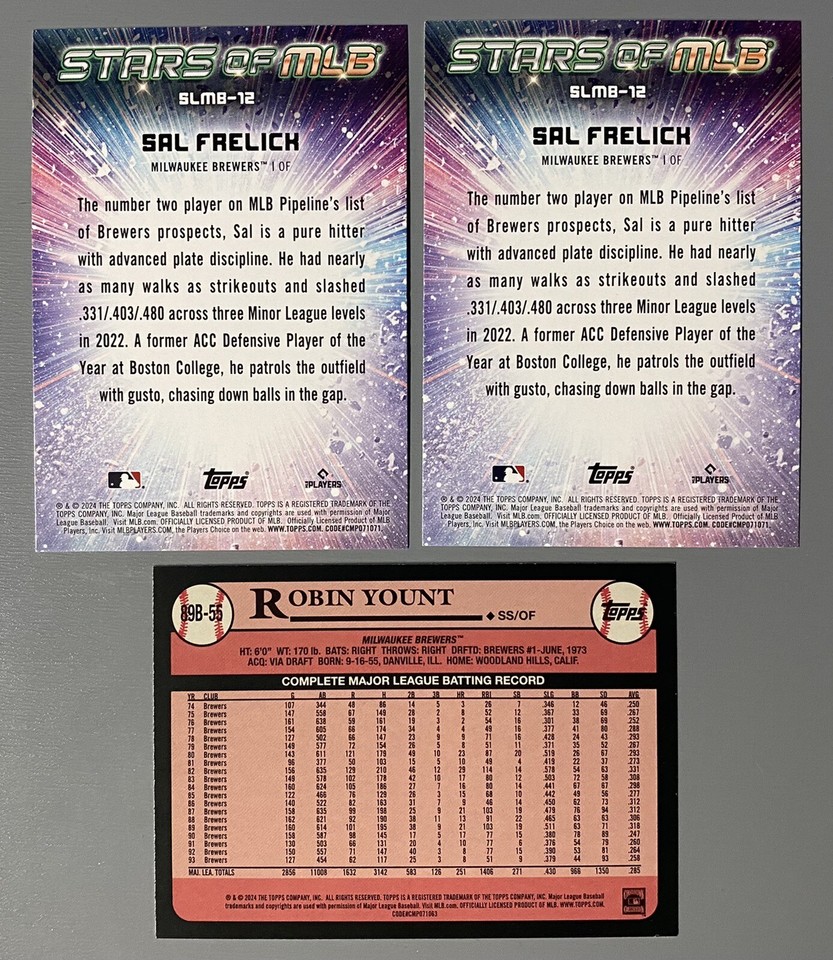 3 2024 Topps Brewers Robin Yount 1989 Blue Parallel, 2 Sal Frelick RC