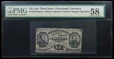 Third Issue 15 Cents Fractional Currency Specimen Note, Fr. 1274spnmf, PMG 58