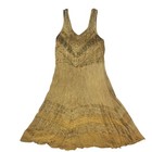 Whimsy Goth Tiered Maxi Dress-Rayon-Mossy Mustard-Embroidered-Shirred-Flowy-L/XL