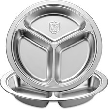 Set of 2 Stainless Steel Round Divided Plates, 9.5-Inch 3-Section Portion