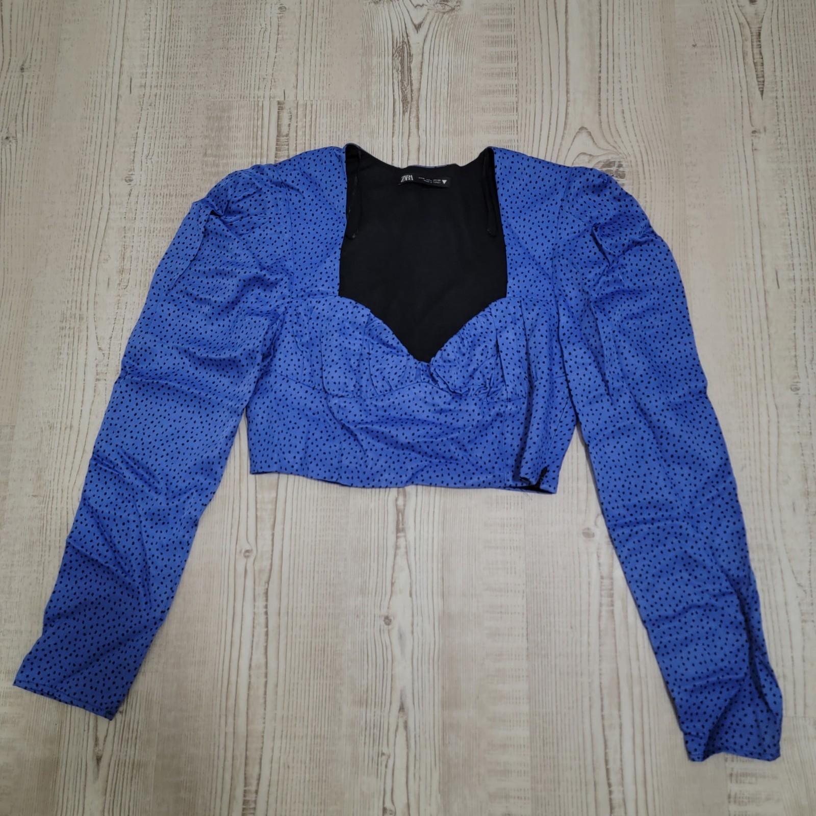 Zara Blue And Black Satin Polka Dot Crop Top Medium Contemporary Modern Urban
