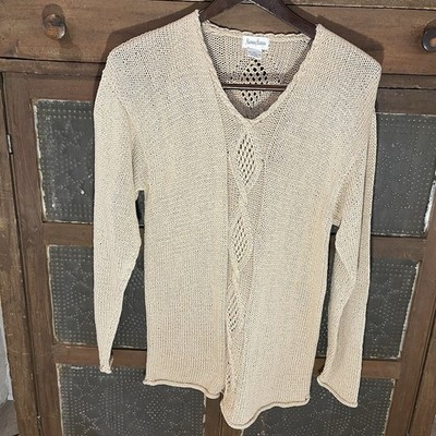 Neiman Marcus Women XL Sweater Loose Cable Knit Design 3/4 sleeve Rolled Hem Tan
