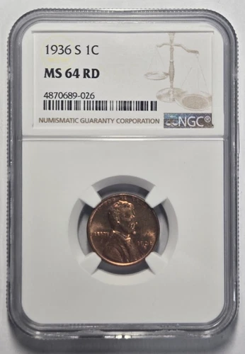 1936-S LINCOLN WHEAT CENT NGC MS 64 RD Certified Coin