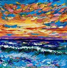 Original acrylic painting. Seascape Sunset. Handmade. Size 8.5”x8.5”.