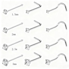 PAIR Nose Stud Pin Bar Surgical Steel Clear Gem Nose Piercing L Screw Straight