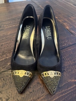 Loriblu Black and Gold  Studded Suede Heels Size 38 (US 7.5)