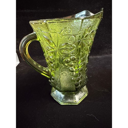 Vintage Green Carnival Glass Pitcher Grape and Leaf Embossed Hexagonal Base