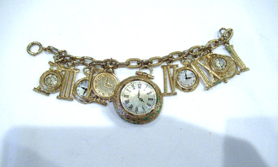 Watch-themed charm bracelet, 13 charms