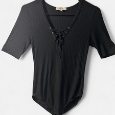 Active USA Black Ribbed Lace Up Bodysuit Size Medium