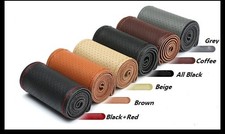 Coffee Color DIY Genuine Cowhide Car Braid Leather Steering Wheel Cover 38 CM