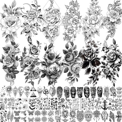 65 Blätter Schwarz Rose Blume Tattoos Zum Aufkleben Damen Temporäre Frauen, 3D S