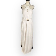 GUESS Textured Belted Halter Maxi Dress Women's 8 Beige Side Slit Sleeveless
