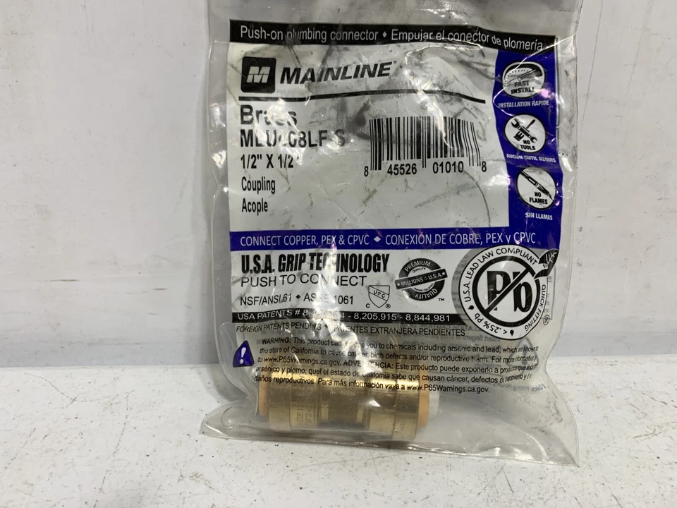 Mainline MLU008LF-S 1/2" Push Connect Straight Coupling Lead Free Brass - Image 2 of 4