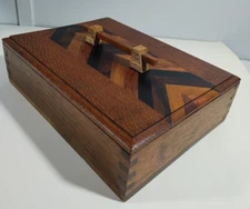 Wood Inlay Keepsake Box w/ Dovetail Handle Velvet Handmade 