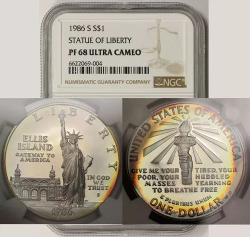 1986-S Statue of Liberty Silver Commemorative $1 PF 68 Ultra Cam NGC Color Toned