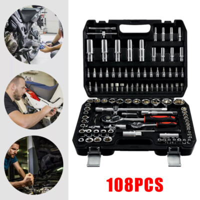 108pcs Mechanics Tool Set Kit 6-point Socket Ratchet Wrench Set Repair Tool Case