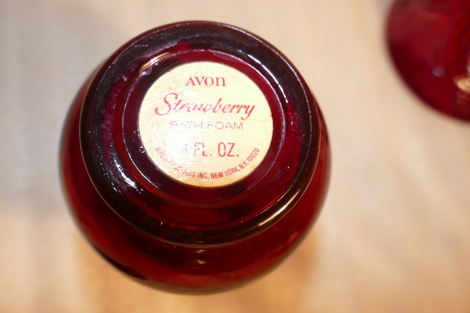Vintage Avon Ruby Red Glass Cruet Bath Foam 4 oz Bottle with Strawberry Stopper