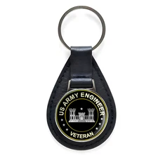 US Army Engineer Veteran Black Leather Keychain Silver Keyring Military Gift