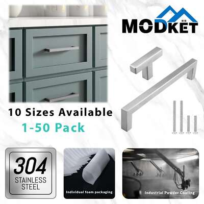 #ad Square Brushed Nickel Cabinet Handles Pulls Knobs Kitchen Bath Stainless Steel $54.59