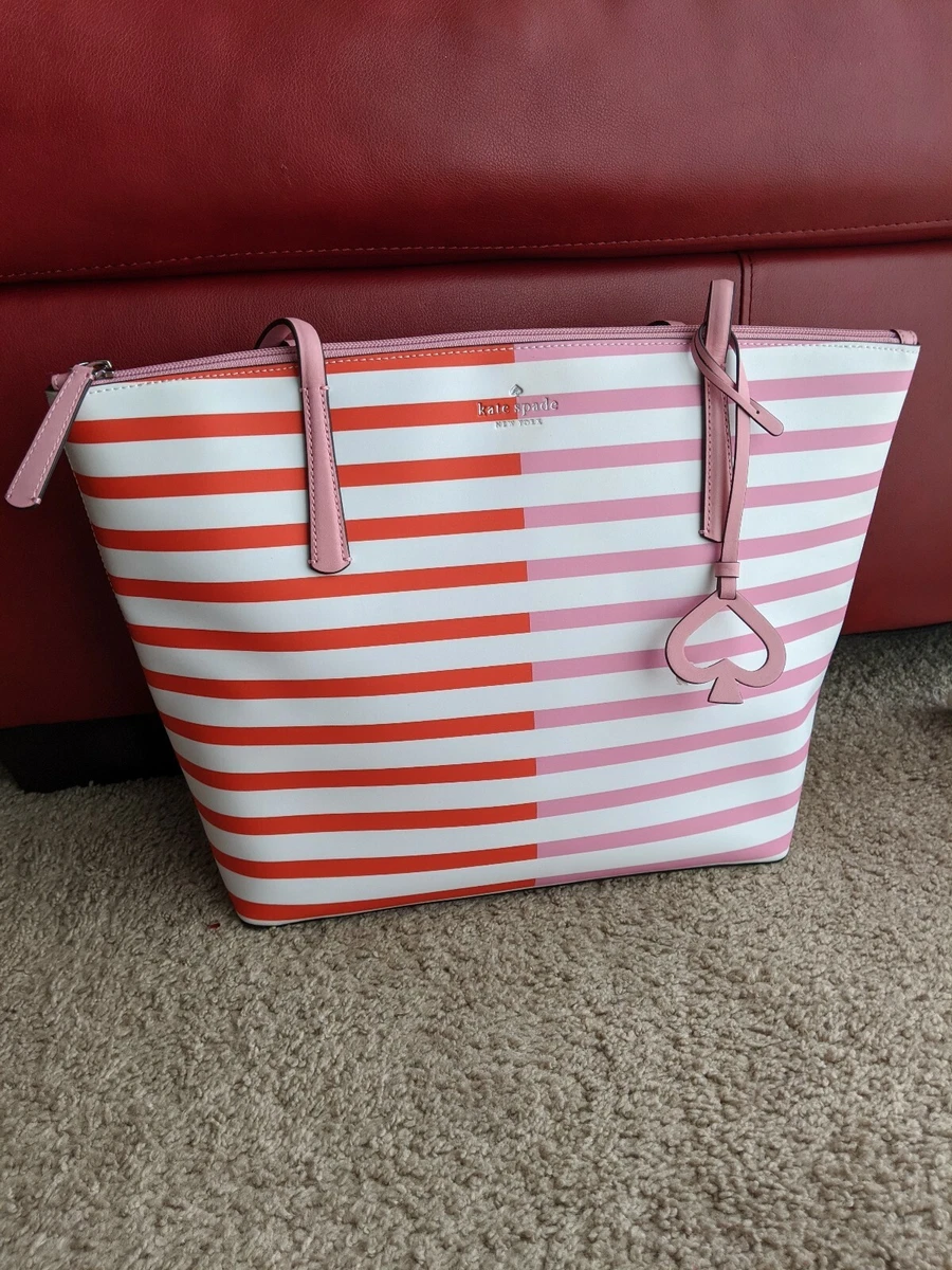 NEW Kate Spade Large Zina Tote Red Pink Stripe NWT Handbag